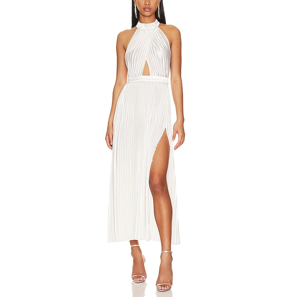 Elegant White Halter Maxi Dress with Front Slit